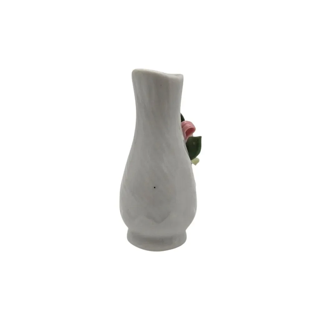 Vintage Miniature Bud Vase Porcelain 3D Applied Flowers Pink Ribbon Ribbed 3
